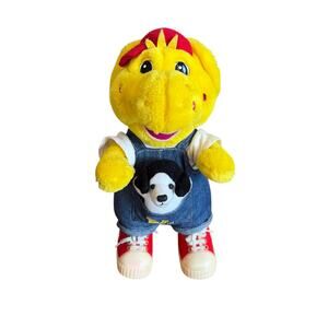 Vintage 90s BJ Barney & Friends Yellow Dinosaur Denim Overalls Rubber Shoes 13"